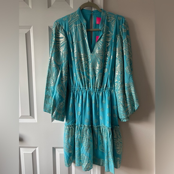 Lilly Pulitzer NWT Joella Silk Dress Sea Grass Metallic Clip Chiffon Size 6 - Picture 5 of 12